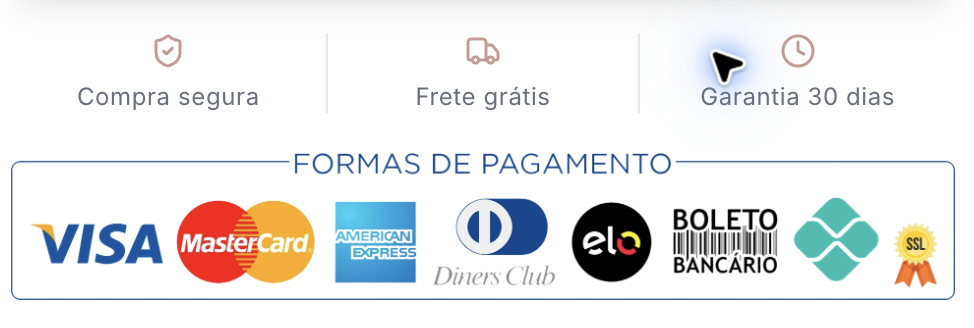 Formas de pagamento aceitas; confira a disponibilidade antes de pagar